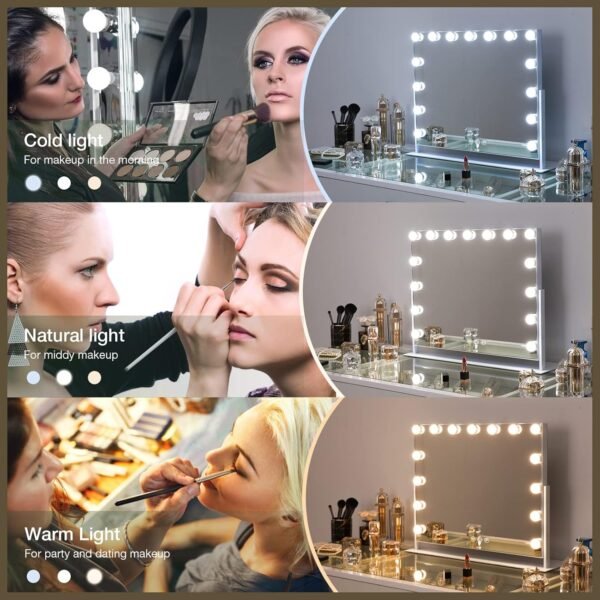 FENCHILIN Vanity Mirror with Lights, White Hollywood Lighted Makeup Mirror with 15 Dimmable LED Bulbs Rotation for Dressing Room & Bedroom, Living Room - Image 5