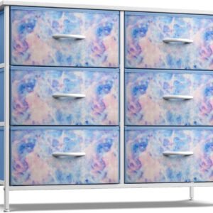 Sorbus Kids Dresser with 6 Drawers – Storage Chest Organizer Unit with Steel Frame, Wood Top & Handles, Tie-dye Fabric Bins for Clothes – Wide Furniture for Bedroom Hallway Kids Room Nursery & Closet