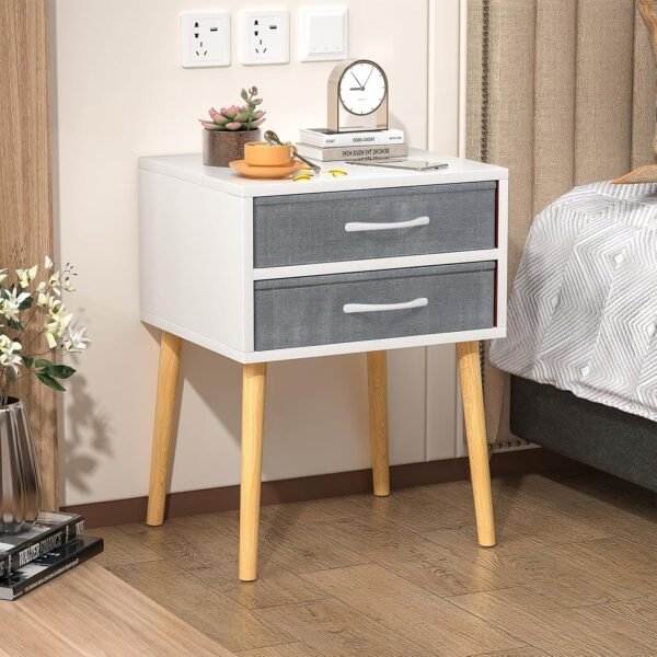 Nightstand with Drawer, Modern White Night Stand with Solid Wood Legs, Bedside Tables Bedroom Nightstand Side Tables with Storage Shelf for Bedroom Furniture,Ideal for Home - Image 2