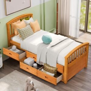 JULYFOX Storage Bed Frame Twin with 6 Drawers, Oak Color Pine Wood Bed Platform with Slat Headboard Footboard Wood Slats No Box Spring Need Heavy Duty Captain’s Bed for Small Spaces