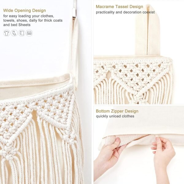 Mkono Macrame Hanging Laundry Hamper and Small Macrame Storage Basket for Toilet Tank Top Boho Bathroom Decor for Bedroom Living Room Nursery, Ivory, Set of 2 - Image 3