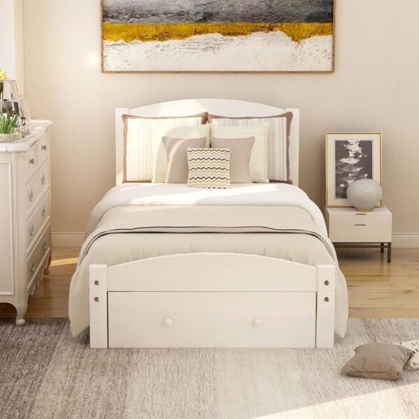 P PURLOVE Platform Twin Bed Frame with Storage Drawer and Wood Slat Support No Box Spring Needed, White - Image 3
