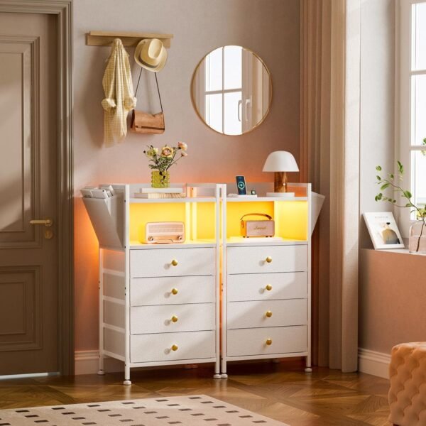 White Nightstand with Charging Station, LED Nightstand with 4 Fabric Storage Drawers, Small Dresser for Bedroom, Entryway, Hallway, College Dorm Furniture Tall Nightstand Bedside End Table - Image 4