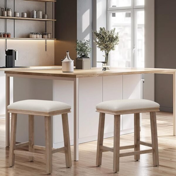 MAISON ARTS Off White Counter Height 24 inch Bar Stools Set of 3 for Kitchen Counter Solid Wood Legs with Faux Leather Padded Seat Farmhouse Barstools for 34"-38" Counter Island Upholstered Stools - Image 6
