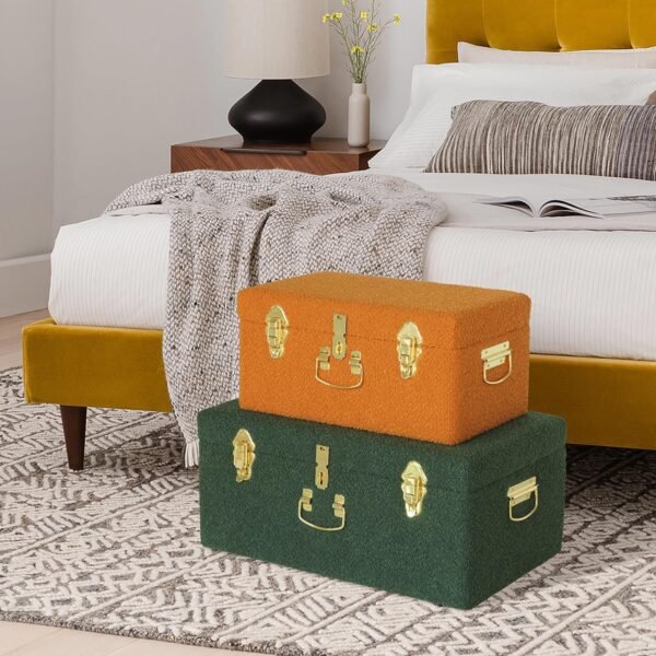 HofferRuffer Velvet Storage Trunk with wood Frame, Set of 2 bedroom Storage Chest with Handles, Organizer Decorative Box Hinged Lid with Gold Hardware Accents (Orange/Green) - Image 5