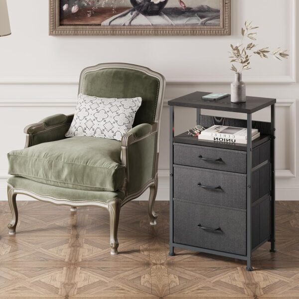 Nightstand, Bedside Table with 3 Fabric Drawers, Side Table with Open Shelf, End Table with Steel Frame,3 Drawer Dresser for Bedroom, Entryway, College Dorm, Easy Assembly,Black - Image 8