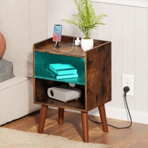 Night Stand with Charger Station, Bedside Table with LED Lights, Side Table with Fast USB-C Port, Nightstand with Solid Wood Feet, Small End Table for Bedroom, Living Room, Rustic Brown