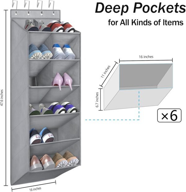 coastal rose Over The Door Shoe Organizer, 6-Tier Hanging Shoe Rack for Closet Door with Large Pockets Shoe Holder, Hanging Storage Organizer for Shoes, Baby Diaper, Nursery, Gray - Image 3