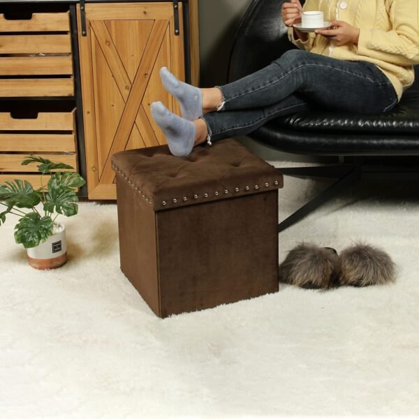 B FSOBEIIALEO Storage-Ottoman Cube-Folding Tufted - Ottomans with Storage, Coffee Table Top Cover, Toy Chest Storage Boxes Footrest stool for Bedroom, Luxury Velvet Fabric 15.7 Inches Brown - Image 5