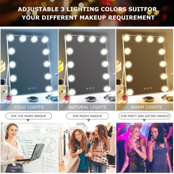 10"x 12" Vanity Mirror with Lights, Hollywood Lighted Makeup Mirror with 3 Color Modes and 12 Dimmable Diamond LED Light Bulbs, Touch Control for Bedroom, White - Image 2