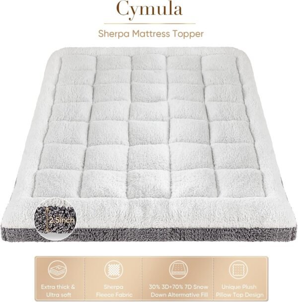 Twin XL Mattress Topper for Single Bed, Cymula Sherpa Mattress Pad for College Dorm Bed 2inch Extra Thick Mattress Cover with 900GSM Down Alternative Soft Pillow Top with 8-21" Deep Pocket, 39x80in - Image 2
