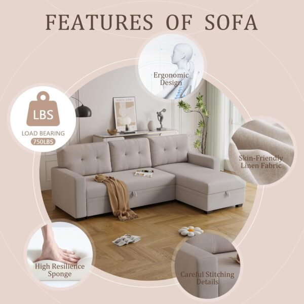 Sectional Sofa 82inch L Shaped Sleeper of Convertible Lounge Pull Out Couch Bed and Storage Chaise with Tufted Linen Backrest for Home Living Room Apartment Dorm,Beige, 82" - Image 6