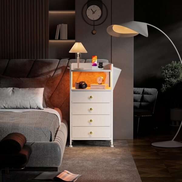 White Nightstand with Charging Station, LED Nightstand with 4 Fabric Storage Drawers, Small Dresser for Bedroom, Entryway, Hallway, College Dorm Furniture Tall Nightstand Bedside End Table - Image 2