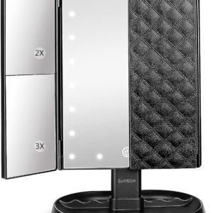 deweisn Trifold Lighted Vanity Makeup Mirror with 21 LEDs Lights,1x/2x/3x Magnification and Touch Screen Dimming,Two Power Supplies Makeup Mirror, Gift for Women