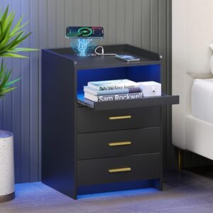 RGB Nightstand-Bedside-End-Table with USB &Wireless Charging Station: Smart Nightstand for Sofa Table with Human-Body Inductions, Modern Bedroom Furniture with Drawers for Living Room, Black