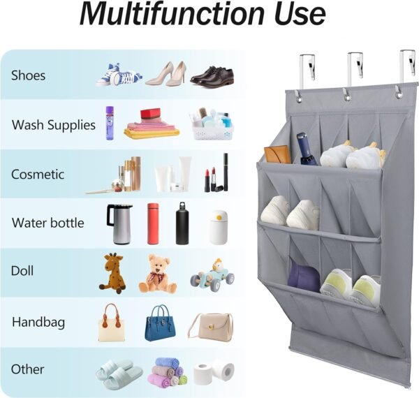 Over the Door Shoe Organizer,24 Pockets Door Shoe Organizer Hanging, Narrow Door Shoe Rack with 6 Hooks, Hanging Shoe Organizer for Dorm Closet Door, Space Saving Shoe Holder Back of Door,Grey - Image 3
