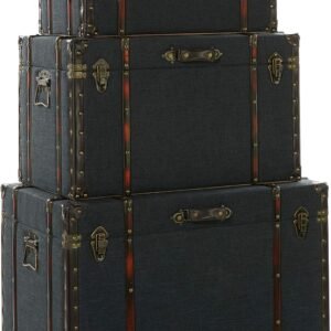 Deco 79 Linen Fabric Decorative Trunk Nesting Upholstered Decorative Large Boxes with Buckle Hinged Top, Set of 3 Storage Trunks 24″, 28″, 32″W, Blue