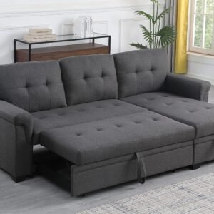 84” L-Shape Sleeper Sofa with Storage Chaise and Pull-Out Bed, Linen Upholstered Convertible Sectional Reversible Corner 3 Person Couch, for Apartment, Living Room, Dorm, 84, Dark Gray