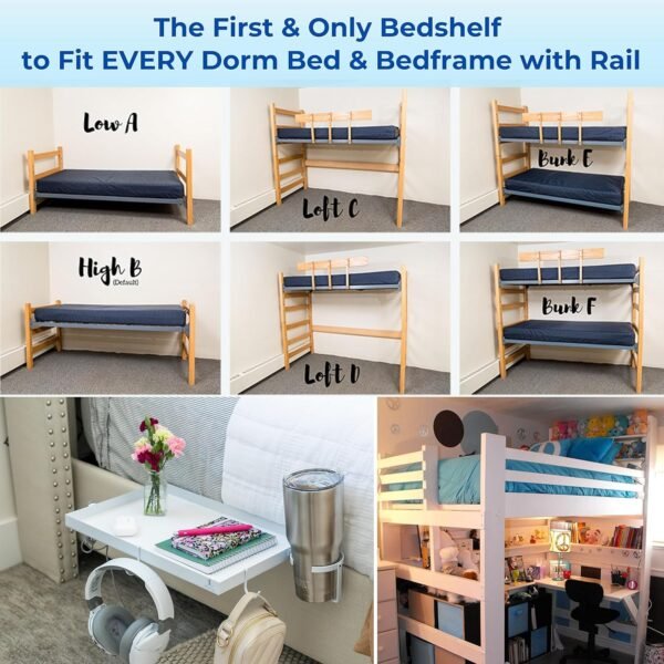 Premium Steel Bedside Shelf, Bunk Bed Shelf Organizer for Top Bunk Clip On Nightstand for College Dorm Loft Bed Bedside Shelf Tray for Kids with Cupholder, Hooks, Cable Organizer (Clamp, White) - Image 2