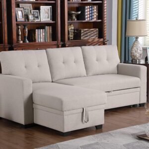 RITSU Button Tufted Sectional L-Shape Pull Up Convertible Sleeper Sofa Bed with Storage Chaise for Living Room, Small Apartment, Dorm, 82 Inch, A1-Beige