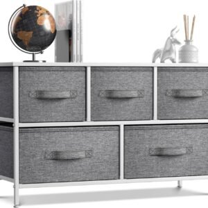 Sorbus Dresser with 5 Drawers – Storage Chest Organizer Unit with Steel Frame, Wood Top, Easy Pull Fabric Bins – Long Wide TV Stand for Bedroom Furniture, Hallway, Closet & Office Organization