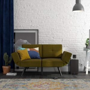 REALROOMS Euro Upholstered Tufted Loveseat Futon with Storage Pockets, Green Linen