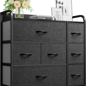 YITAHOME Fabric Dresser with 7 Drawers – Storage Tower with Large Capacity, Organizer Unit for Living Room – Sturdy Steel Frame, Easy Pull Fabric Bins & Wooden Top (Black/Grey)