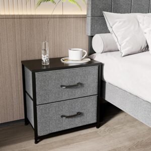 Cozy Gray Nightstand – Nightstand, 2 Drawers Nightstand for Bedroom, Bedside Table Small Dresser with Removable Fabric Bins, Night Stand, End Table, Side Table Set of 1