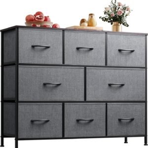 WLIVE Fabric Dresser, Storage Drawer Unit, Bedroom Dresser TV Stand for 32 40 43 inch TV, Wide Dresser with 8 Large Deep Drawers for Office, College Dorm, Dark Grey