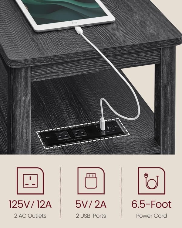 VASAGLE Side Table with Charging Station, Narrow Nightstand with 2 Drawers, Living Room End Table with Storage, for Small Spaces, Coastal Style, Charcoal Gray ULET322B22 - Image 6