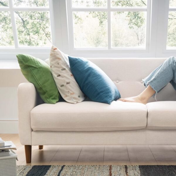 Mellow ADAIR Mid-Century Modern Loveseat / Sofa / Couch with Armrest Pockets, Tufted Linen Fabric, Ivory - Image 6