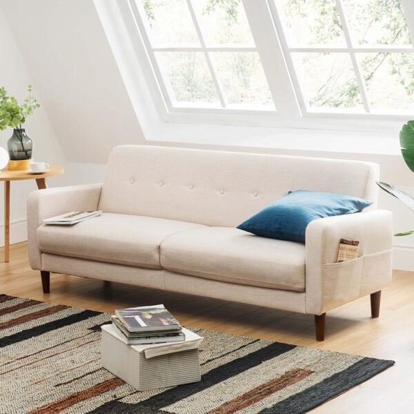Mellow ADAIR Mid-Century Modern Loveseat / Sofa / Couch with Armrest Pockets, Tufted Linen Fabric, Ivory - Image 2