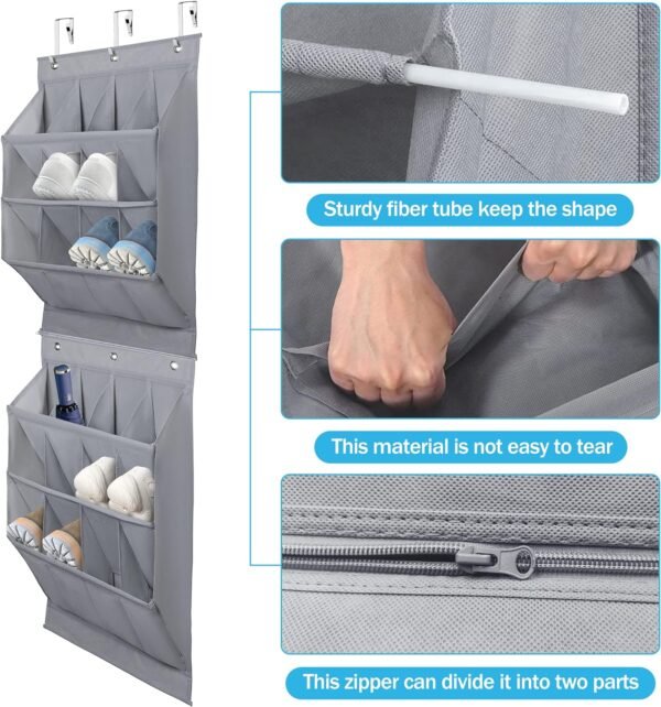 Over the Door Shoe Organizer,24 Pockets Door Shoe Organizer Hanging, Narrow Door Shoe Rack with 6 Hooks, Hanging Shoe Organizer for Dorm Closet Door, Space Saving Shoe Holder Back of Door,Grey - Image 4
