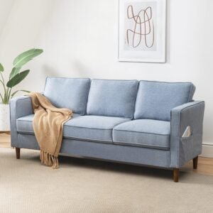 Mellow HANA Modern Linen Fabric Loveseat / Sofa / Couch with Armrest Pockets, Dusty Blue
