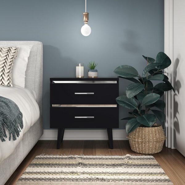 Lennox Mid-Century Side Table 2 Drawers Storage Nightstand, Matte Chrome Handle, Black - Image 2