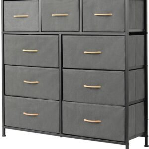 9-Drawer Dresser – TV Stand Fabric Storage Tower for Bedroom, Hallway, Nursery, Tall closet organizer – Steel Frame, Wood Top, Easy Pull Handle, Storage Solution, Dark Grey