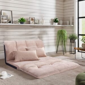 Knocbel Floor Gaming Sofa Chair Folding Mattress Bed Adjustable 5-Position Backrest Comfort Chaise Lounge with 2 Pillows (Beige Coral Fleece Cover)