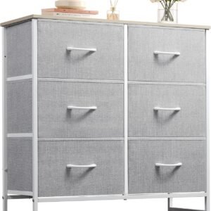 WLIVE Fabric Dresser for Bedroom, 6 Drawer Double Dresser, Storage Tower with Fabric Bins, Chest of Drawers for Closet, Living Room, Hallway, Light Grey