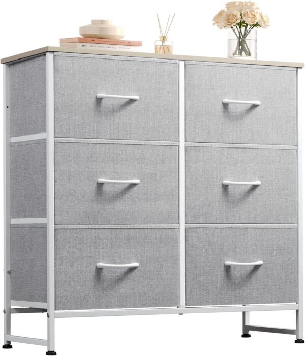 WLIVE Fabric Dresser for Bedroom, 6 Drawer Double Dresser, Storage Tower with Fabric Bins, Chest of Drawers for Closet, Living Room, Hallway, Light Grey