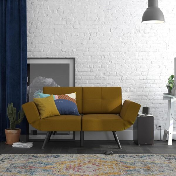 REALROOMS Euro Upholstered Tufted Loveseat Futon with Storage Pockets, Mustard Yellow - Image 2