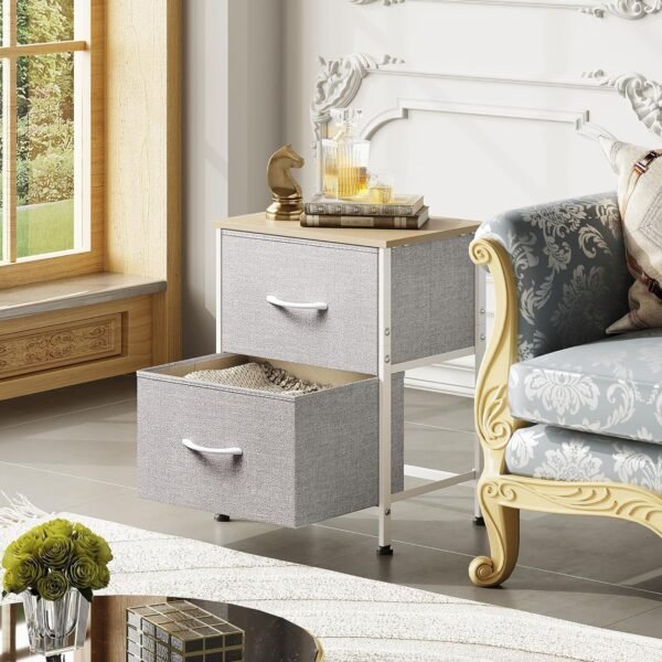 WLIVE Night Stand, Gray Nightstand with 2 Fabric Drawers, Small Dresser for Bedroom, Closet, College Dorm, End Table Side Furniture, Wood Top, Light Grey - Image 2