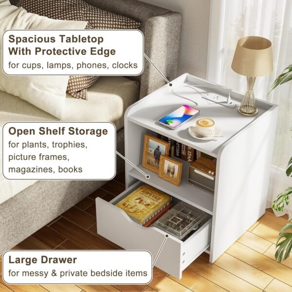 SZQINJI White Nightstand with Charging Station, Bedside Table with Drawers Small Nightstand, Bedroom Nightstand with One Drawer and Protective Edge - Image 4