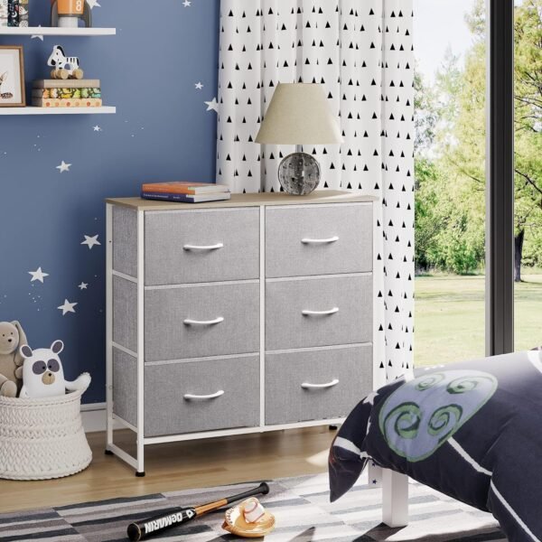WLIVE Fabric Dresser for Bedroom, 6 Drawer Double Dresser, Storage Tower with Fabric Bins, Chest of Drawers for Closet, Living Room, Hallway, Light Grey - Image 4