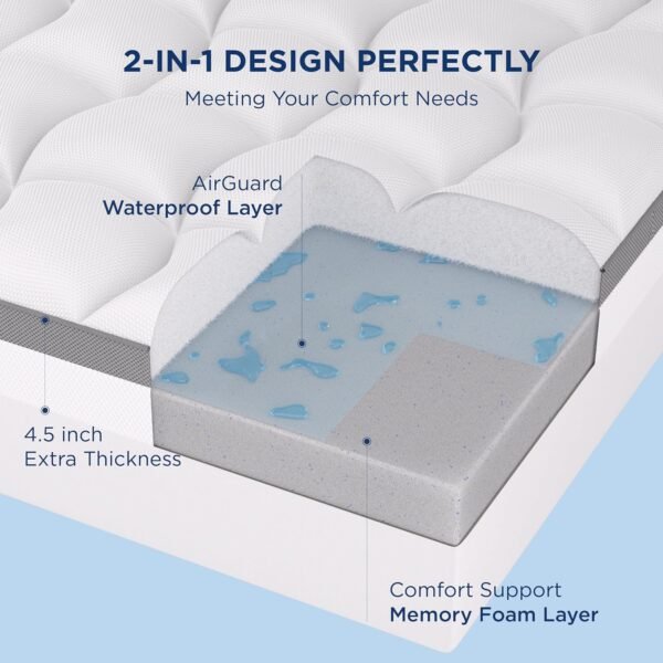 Bedsure Twin XL 4.5 Inch Memory Foam Mattress Topper for College Dorm, Dual Layer 2.5" Gel Memory Foam and 2" Waterproof Mattress Pad Dorm Room Essential, Extra Long Twin Pillow Top for Back Pain - Image 2
