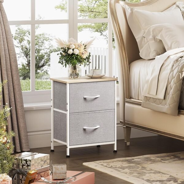 WLIVE Night Stand, Gray Nightstand with 2 Fabric Drawers, Small Dresser for Bedroom, Closet, College Dorm, End Table Side Furniture, Wood Top, Light Grey - Image 4