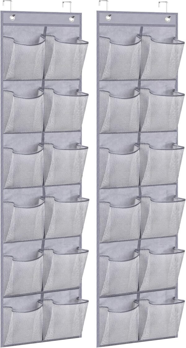 MISSLO Narrow Over The Door Shoe Organizer Door Hanger 12 Large Mesh Pockets Hanging Shoe Rack for Closet Door Cruise Ship Essential, Grey, 2 Pack