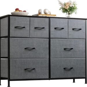 WLIVE Dresser for Bedroom with 8 Drawers, Wide Fabric Dresser for Storage and Organization, Bedroom Dresser, Chest of Drawers for Living Room, Closet, Hallway, Dark Grey