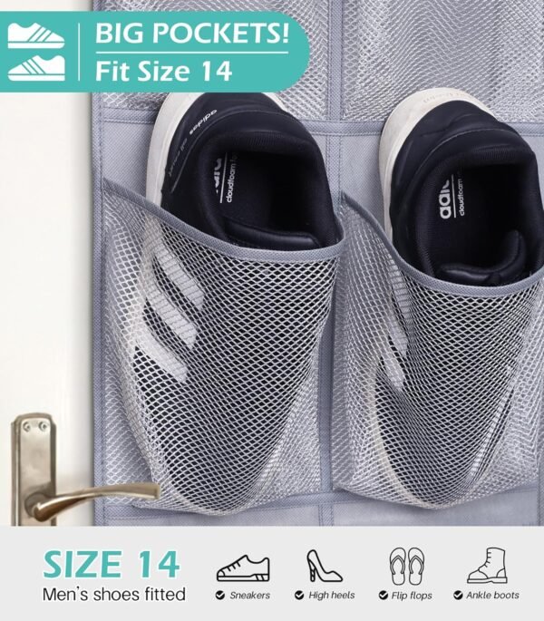 MISSLO Narrow Over The Door Shoe Organizer Door Hanger 12 Large Mesh Pockets Hanging Shoe Rack for Closet Door Cruise Ship Essential, Grey, 2 Pack - Image 3