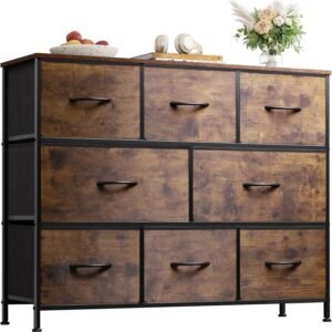 WLIVE Fabric Dresser for Bedroom – Storage Drawer Unit as TV Stand for 32-43 inch TVs – Wide Dresser with 8 Large Deep Drawers for Office, College Dorm, Rustic Brown