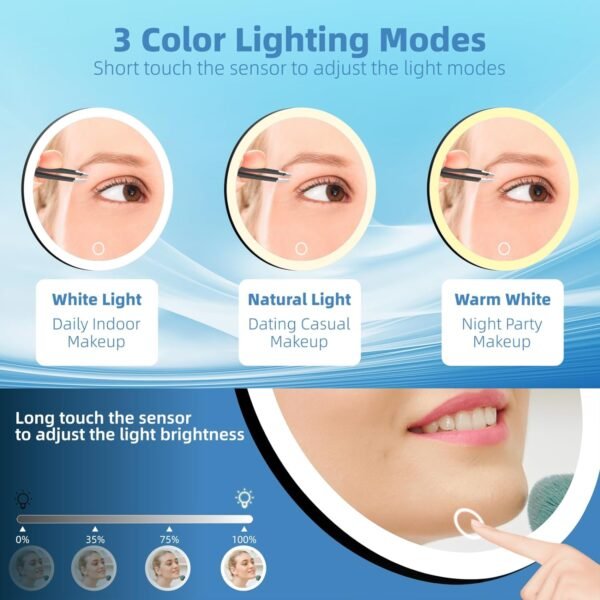 20X Magnifying Mirror with Light, Large 6'' Magnifying Makeup Mirror with LED Lighted 20X Magnification Mirror, 20X High Magnifying Mirror, 20X Travel Magnified Mirror with 3 Color Light & Suction Cup - Image 4